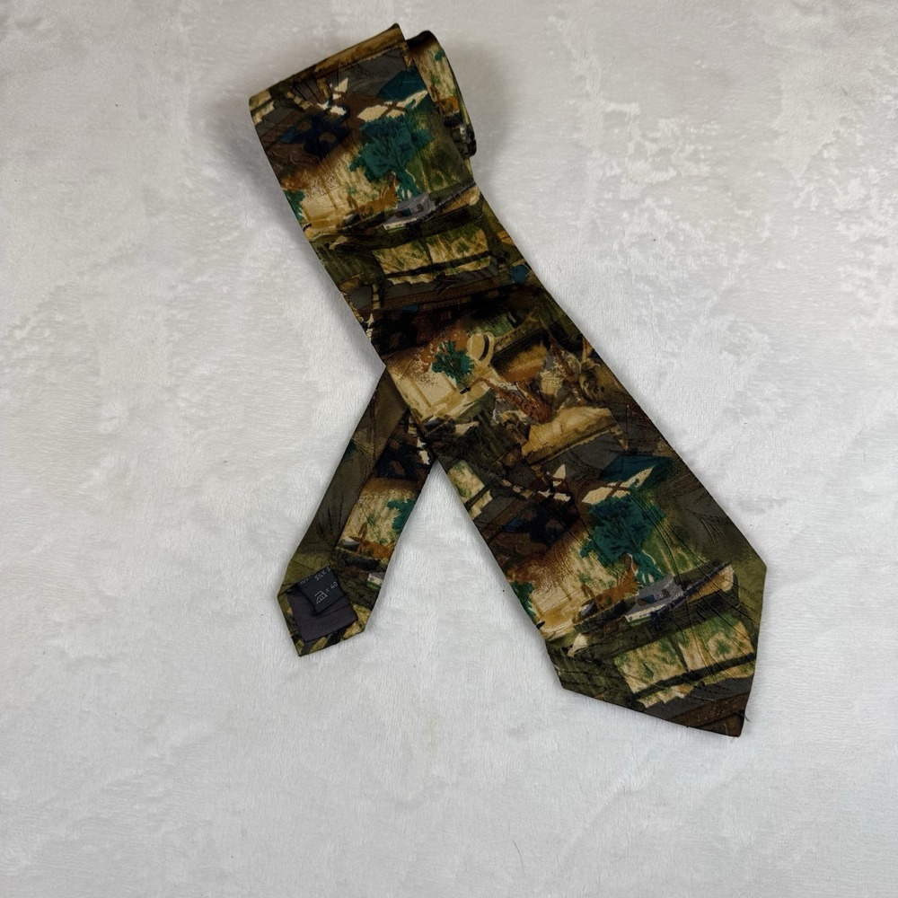 Vintage Ermenegildo Zegna Silk Tie Nautical Sailboat Scenic Print Italy